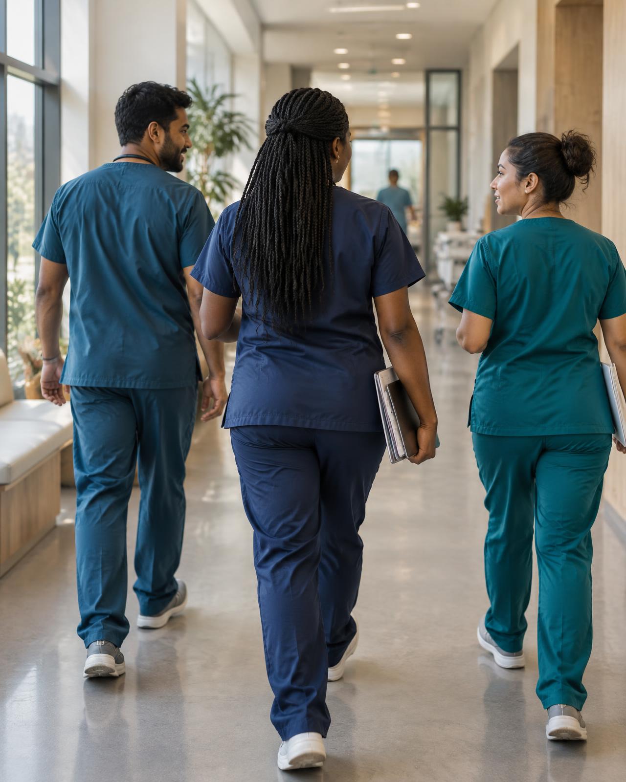 Three nurses walking down a clinic corridor between responsibilities, one carrying a tablet and patient chart
