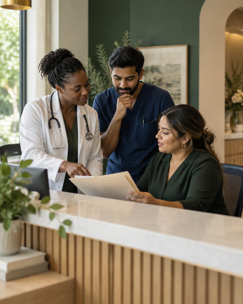 A physician, nurse and patient-access coordinator reviewing a chart together at an outpatient practice front desk